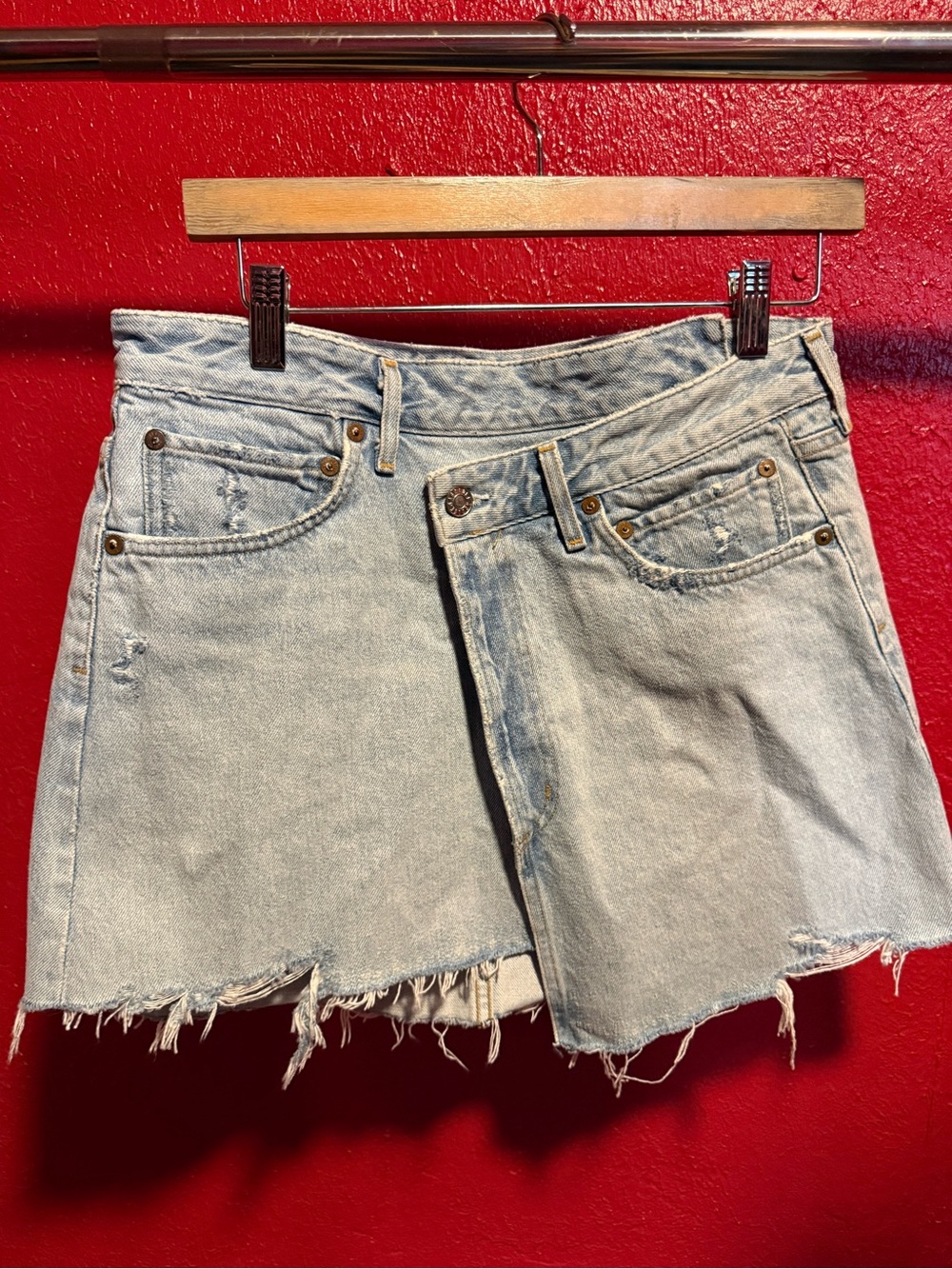 87. Preloved Agolde Light Blue wrap Denim Skirt with Frayed Waist